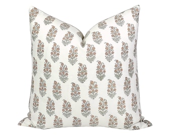 JASMINE | Designer Blush Floral Linen Pillow Cover, Block Print Pillow, Farmhouse Pillow, Blush Floral Pillow, Neutral Pillow, Fall Pillow