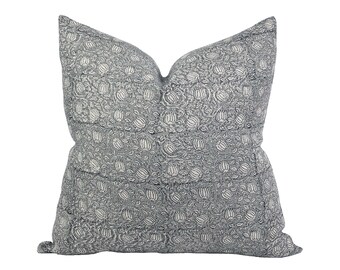 ROSELLE | Designer Grey Blue Linen Pillow Cover, Block Print Pillow, Farmhouse Pillow, Neutral Pillow, Grey Pillow Cover, Floral Pillow