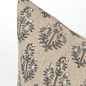 PAISLEY | Designer Sand Fog Linen Pillow Cover, Block Print Pillow, Grey Blue Floral Print Pillow, Beige Floral Pillow, Fall Pillow Cover image 4