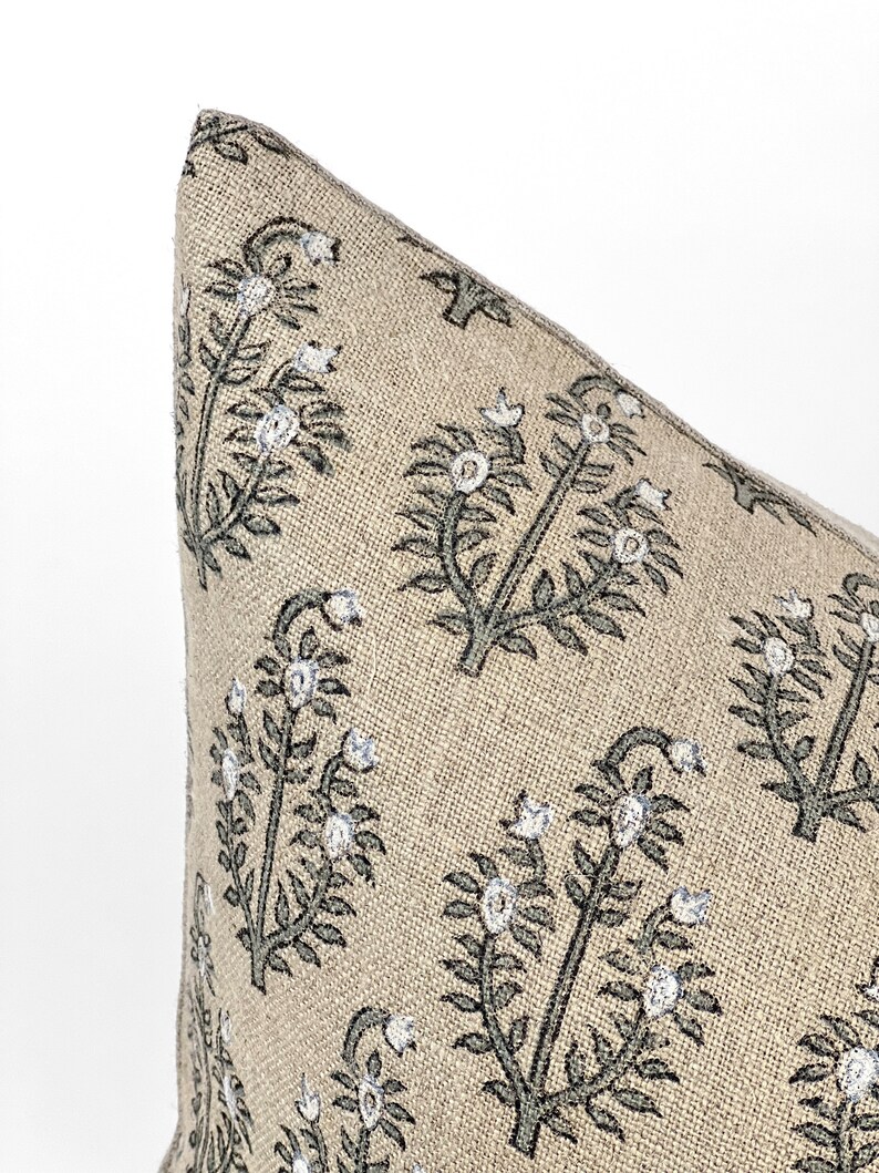 PAISLEY | Designer Sand Fog Linen Pillow Cover, Block Print Pillow, Grey Blue Floral Print Pillow, Beige Floral Pillow, Fall Pillow Cover image 4
