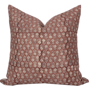 MARGEAUX Designer Dark Amber Floral Linen Pillow Cover, Block Print Pillow, Rust Red Pillow, Muted Pillow Cover, Floral Pillow Cover image 1