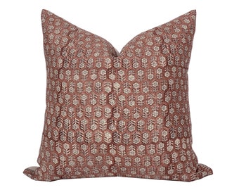 MARGEAUX | Designer Dark Amber Floral Linen Pillow Cover, Block Print Pillow, Rust Red Pillow, Muted Pillow Cover, Floral Pillow Cover