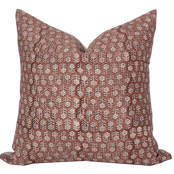 MARGEAUX | Designer Dark Amber Floral Linen Pillow Cover, Block Print Pillow, Rust Red Pillow, Muted Pillow Cover, Floral Pillow Cover