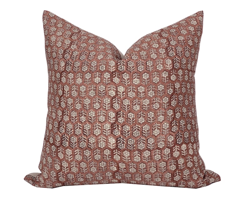 MARGEAUX Designer Dark Amber Floral Linen Pillow Cover, Block Print Pillow, Rust Red Pillow, Muted Pillow Cover, Floral Pillow Cover image 1