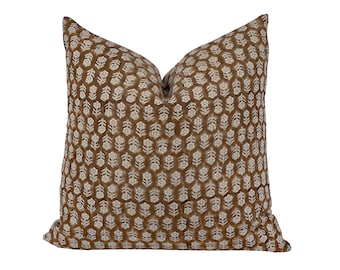 MARGEAUX BRUN | Designer Dark Brown Floral Linen Pillow Cover, Block Print Pillow, Mocha Brown Pillow, Brown Floral Pillow, Fall Pillow
