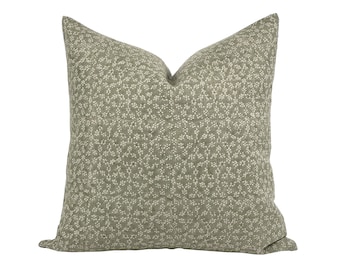 MAISIE | Designer Sage Green Linen Pillow Cover, Block Print Pillow, Olive Green Pillow, Floral Pillow, Muted Pillow Cover, Spring Pillow