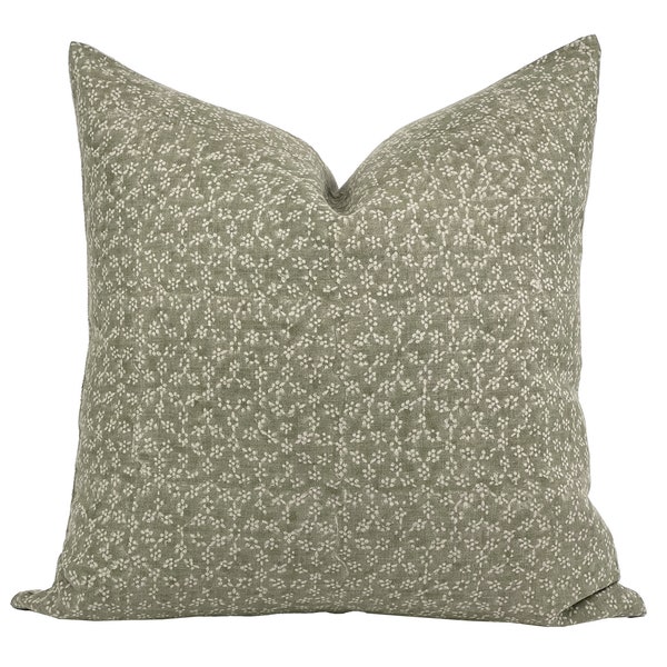 MAISIE | Designer Sage Green Linen Pillow Cover, Block Print Pillow, Olive Green Pillow, Floral Pillow, Muted Pillow Cover, Spring Pillow