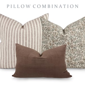 PILLOW COMBO | Fall Pillow Combination, Brown Striped Pillow, Brown Floral Pillow, Brown Pillow, Pillow Set, Sofa Pillow Set, Pillow Combo