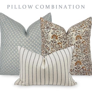 PILLOW COMBO | Spring Pillow Combination, Blue Neutral Pillow, Floral Blue Pillow, Black Stripe Pillow , Pillow Combination, Sofa Pillow Set