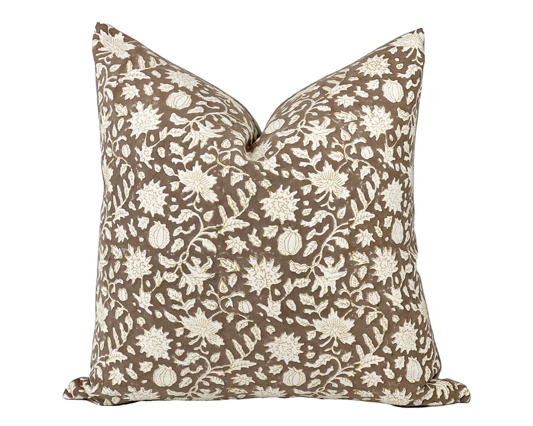 CAROB Designer Dark Brown Floral Linen Pillow Cover, Floral Block Print