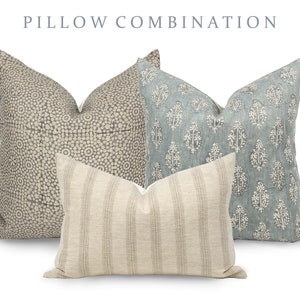 PILLOW COMBO | Light Neutrals, Grey Print Pillow, Floral Blue Pillow, Cream Pillow, Pillow Combination, Sofa Pillow Set, Neutral Pillows