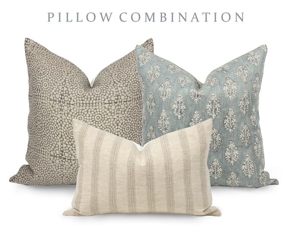 PILLOW COMBO Light Neutrals Grey Print Pillow Floral Blue Pillow