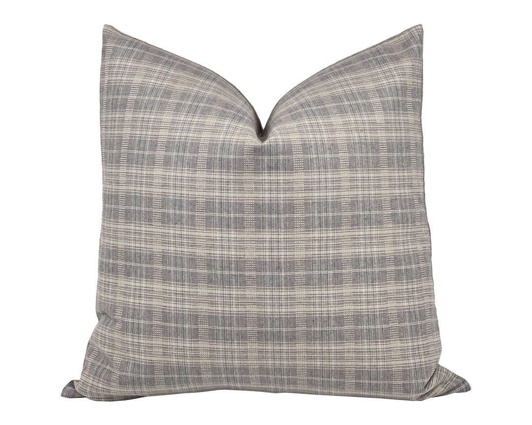 WAVERLY Blue Grey Plaid Pillow Cover, Farmhouse Pillow, Grey Plaid Pillow, Neutral Plaid Pillow