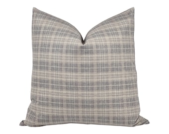 WAVERLY | Blue Grey Plaid Pillow Cover, Farmhouse Pillow, Grey Plaid Pillow, Neutral Plaid Pillow, Blue Grey Pillow, Spring Pillow Cover