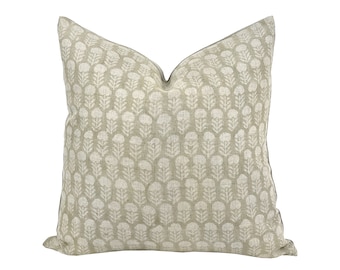 VALE | Designer Soft Green Linen Pillow Cover, Block Print Pillow, Farmhouse Pillow, Floral Green Pillow, Green Pillow Cover, Spring Pillow