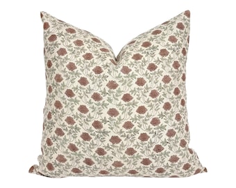 GRETTA | Designer Brown Green Floral Linen Pillow Cover, Block Print Pillow, Brown Floral Pillow, Brown and Sage Floral Pillow, Muted Pillow