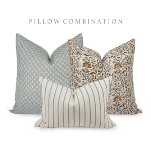 PILLOW COMBO | Spring Pillow Combination, Blue Neutral Pillow, Floral Blue Pillow, Black Stripe Pillow , Pillow Combination, Sofa Pillow Set