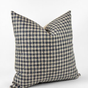 May include: A blue and white gingham throw pillow with a square pattern. The pillow is made of a soft, textured fabric.