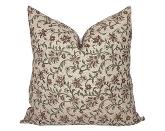 BLOOM UMBER | Designer Brown Floral Linen Pillow Cover, Block Print Pillow, Farmhouse Pillow, Brown Floral Pillow, Neutral Spring Pillow