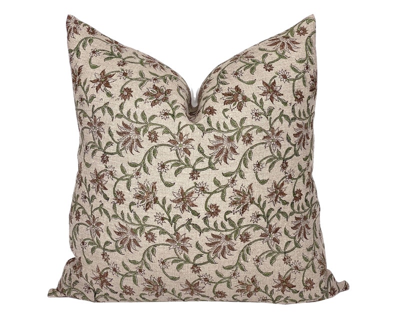 BLOOM UMBER Designer Brown Floral Linen Pillow Cover, Block Print Pillow, Farmhouse Pillow, Brown Floral Pillow, Neutral Spring Pillow image 1