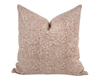 ROSEMARY | Designer Blush Floral Linen Pillow Cover, Block Print Pillow, Blush Floral Pillow, Light Rust Floral Pillow, Spring Pillow Cover