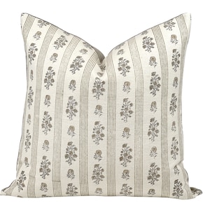 BLOSSOM | Designer Floral Linen Pillow Cover, Block Print Pillow, Neutral Floral Pillow, Spring Floral Pillow, Beige Stripe Pillow