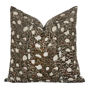 ALUMA | Designer Brown and Black Floral Linen Pillow Cover, Floral Block Print Pillow, Brown Floral Pillow, Moody Floral Pillow, Fall Pillow