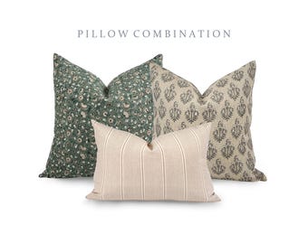 PILLOW COMBO | Fall Pillow Combination, Green Floral Pillow, Sand Floral Pillow, Tan Stripe Pillow, Sofa Pillow Set, Pillow Combo