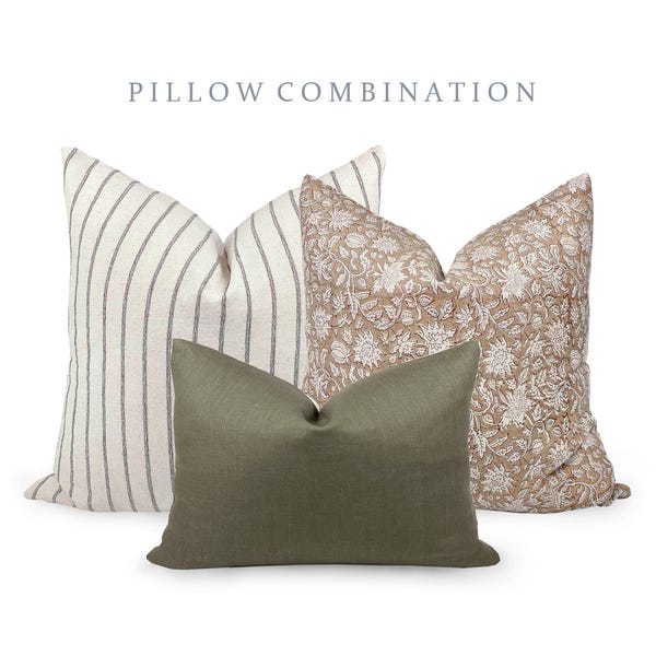 PILLOW COMBO | Warm Neutrals, Black Stripe Pillow, Rust Floral Pillow, Green Pillow, Pillow Combination, Sofa Pillow Set, Fall Pillow Combo