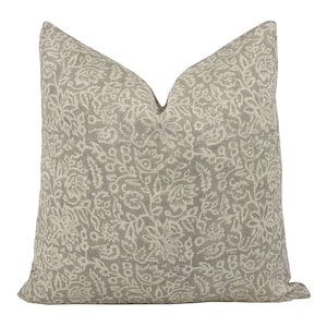 BRONWEN | Designer Beige and Grey Floral Linen Pillow Cover, Block Print Pillow, Grey Floral Pillow, Beige Floral Pillow, Neutral Pillow