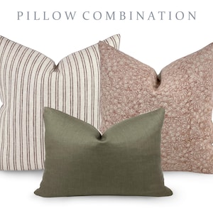 PILLOW COMBO | Warm Neutrals, Brown Stripe Pillow, Blush Floral Pillow, Green Pillow, Pillow Combination, Sofa Pillow Set, Fall Pillow Combo
