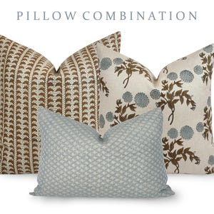 PILLOW COMBO | Spring Pillow Combination, Brown Striped Pillow, Floral Blue Pillow, Blue Neutral Pillow, Pillow Combination, Sofa Pillow Set