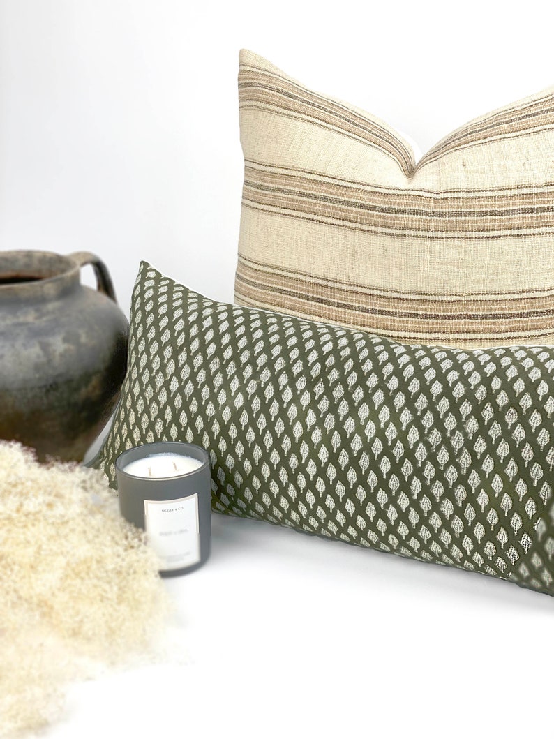 OLIVE | Designer Olive Green Linen Pillow Cover, Block Print Pillow, Farmhouse Pillow, Designer Pillow, Floral Leaf Pillow, Rustic Pillow bild 7