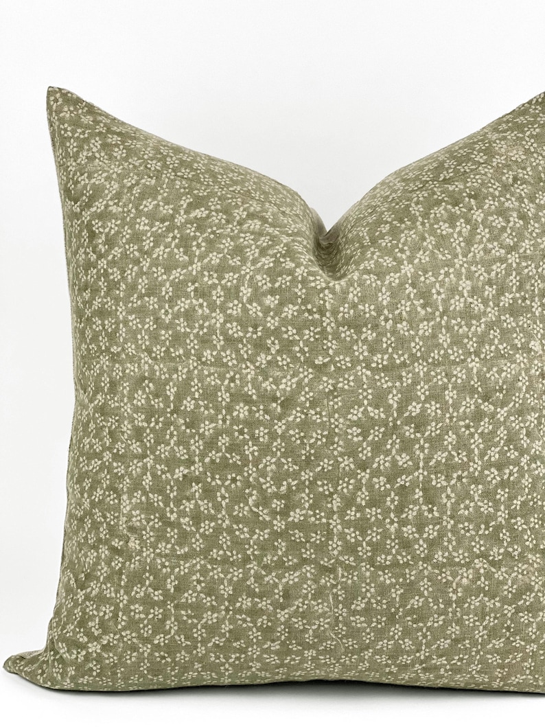 MAISIE | Designer Olive Green Linen Pillow Cover, Block Print Pillow, Sage Green Pillow, Floral Pillow, Muted Pillow Cover, Spring Pillow image 3