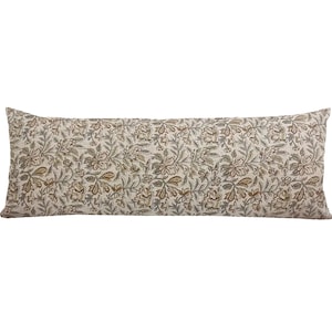 RHEA | Long Lumbar Designer Brown Green Floral Linen Pillow Cover, Oversize Lumbar Pillow, Brown Floral Pillow, Rust and Green Lumbar Pillow