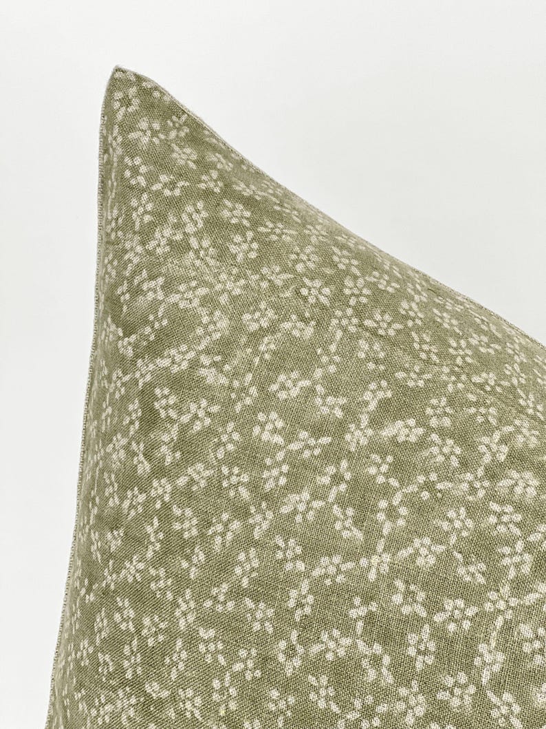 MAISIE | Designer Olive Green Linen Pillow Cover, Block Print Pillow, Sage Green Pillow, Floral Pillow, Muted Pillow Cover, Spring Pillow image 4