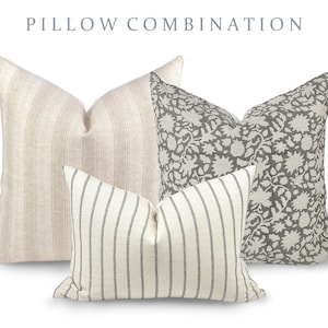 PILLOW COMBO | Classic Neutrals, Cream Pillow, Grey Print Pillow, Stripe Pillow, Pillow Combination, Sofa Pillow Set, Neutral Pillows