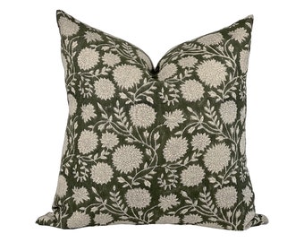 LAYLA | Designer Deep Green Linen Pillow Cover, Block Print Pillow, Dark Green Pillow, Floral Green Pillow, Forest Green Pillow, Fall Pillow
