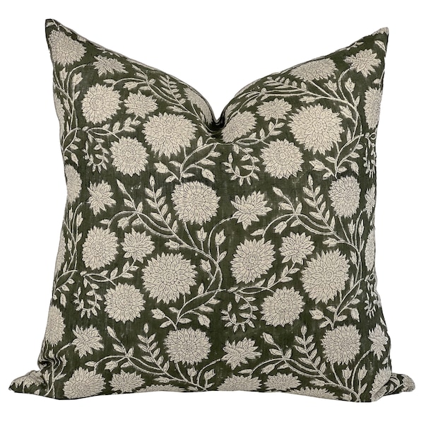LAYLA | Designer Deep Green Linen Pillow Cover, Block Print Pillow, Dark Green Pillow, Floral Green Pillow, Forest Green Pillow, Fall Pillow