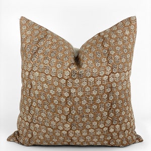 MARGEAUX TAN Designer Camel Floral Linen Pillow Cover, Block Print Pillow, Caramel Color Pillow, Muted Pillow Cover, Brown Floral Pillow image 2