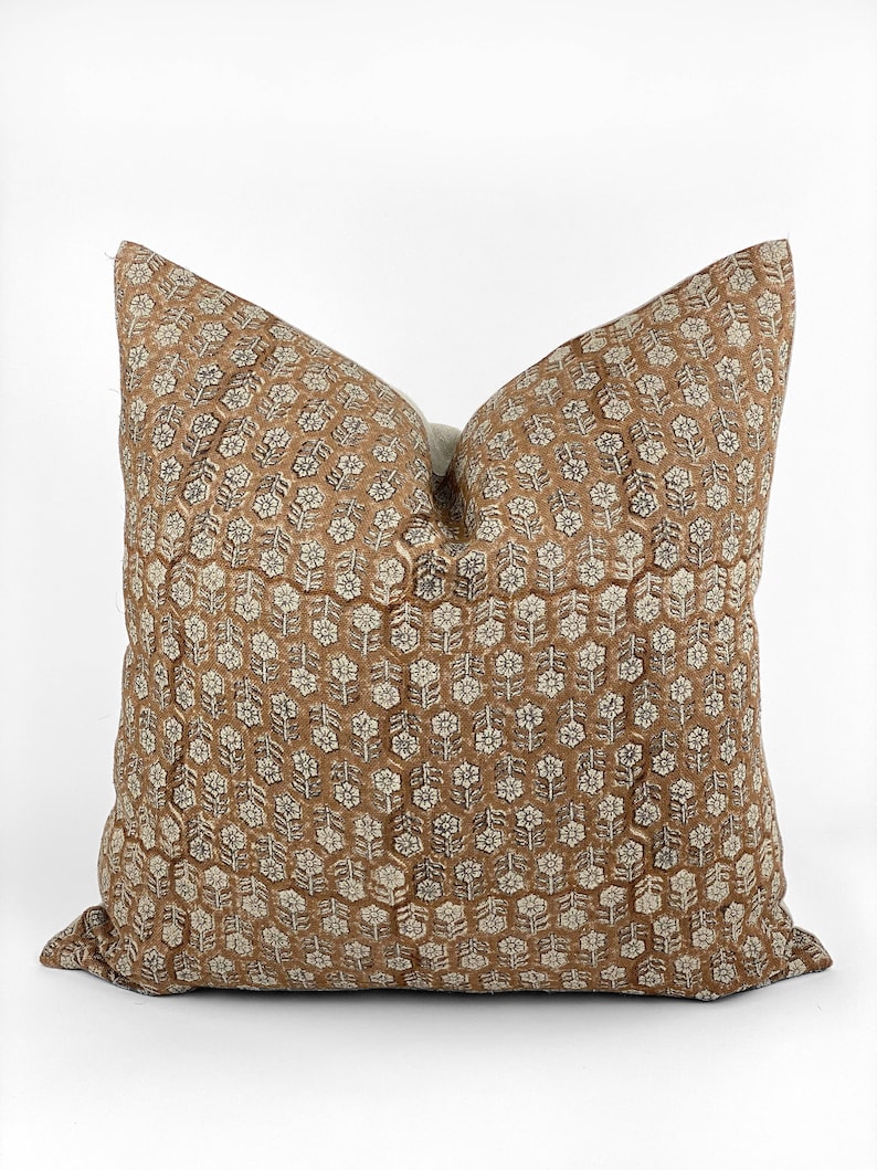 MARGEAUX TAN Designer Camel Floral Linen Pillow Cover, Block Print Pillow, Caramel Color Pillow, Muted Pillow Cover, Brown Floral Pillow image 2