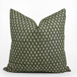 OLIVE | Designer Olive Green Linen Pillow Cover, Block Print Pillow, Farmhouse Pillow, Designer Pillow, Floral Leaf Pillow, Rustic Pillow bild 2