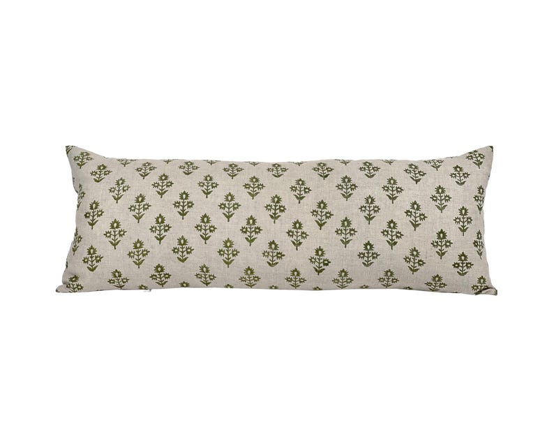 HADLEY | Long Lumbar Designer Hunter Green Floral Linen Pillow Cover, Block Print Pillow, Dark Green Floral Pillow Cover, Lumbar Pillow