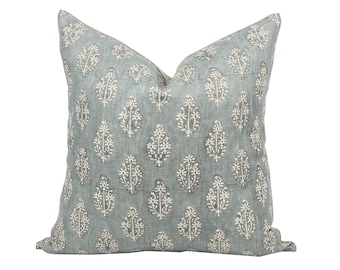 ARDEN | Designer Blue Grey Linen Pillow Cover, Block Print Pillow, Farmhouse Pillow, Blue Grey Pillow, Hand Printed Pillow, Floral Pillow