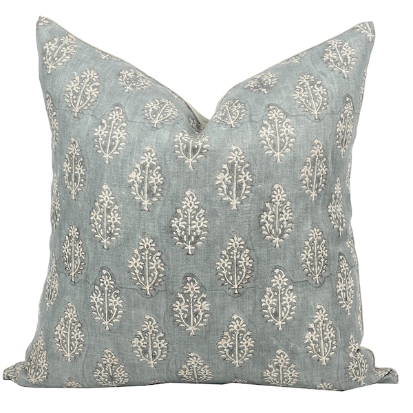 ARDENDES | Housse de coussin en lin bleu gris, coussin imprimé bloc, coussin de ferme, coussin bleu gris, coussin imprimé à la main, coussin floral