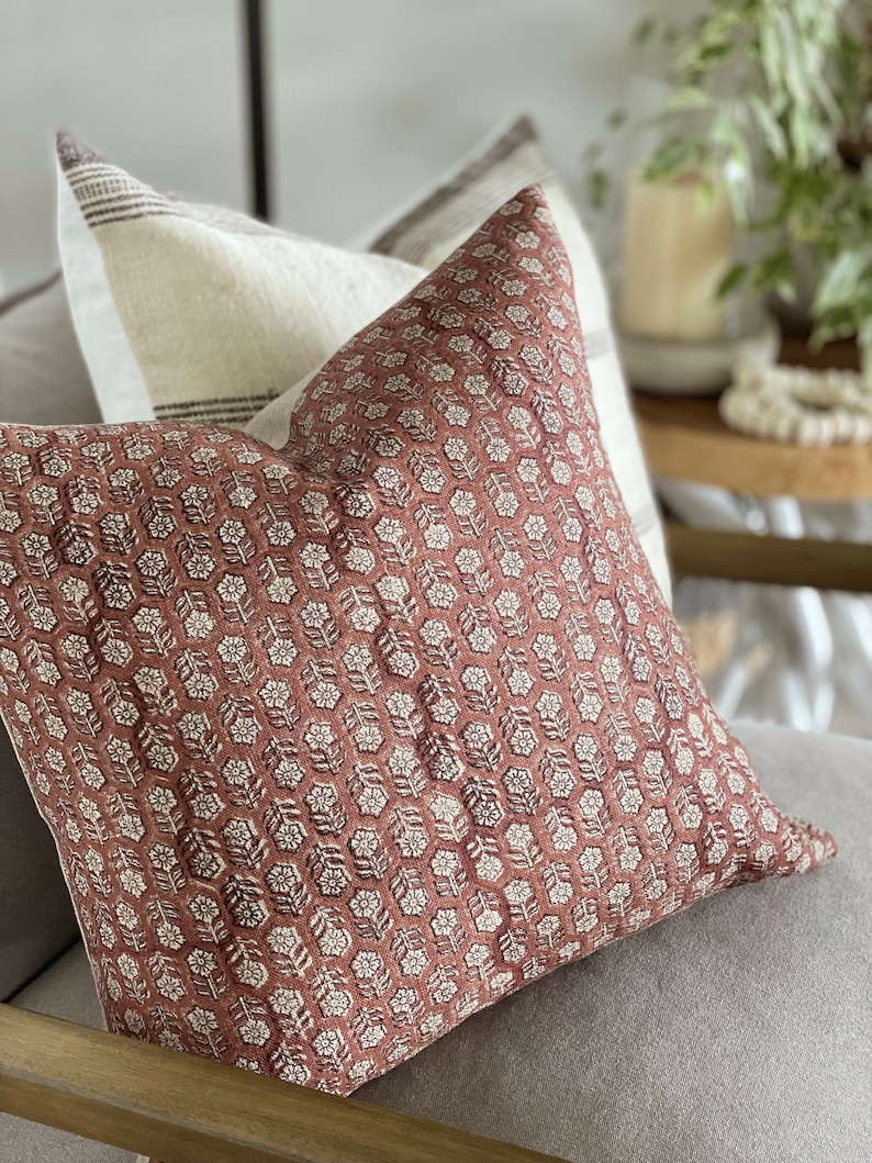 MARGEAUX Designer Dark Amber Floral Linen Pillow Cover, Block Print Pillow, Rust Red Pillow, Muted Pillow Cover, Floral Pillow Cover image 6