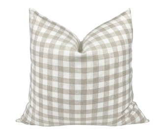 LAUREL | Beige Check Linen Pillow Cover, Neutral Pillow, Farmhouse Pillow, Gingham Pillow, Check Pillow, Plaid Pillow, Modern Rustic