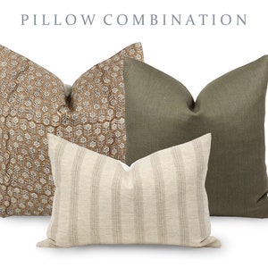 PILLOW COMBO | Warm Neutrals, Camel Floral Pillow, Green Pillow, Cream Stripe Pillow, Pillow Combination, Sofa Pillow Set, Fall Pillow Combo