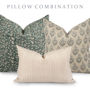 PILLOW COMBO | Fall Pillow Combination, Green Floral Pillow, Sand Floral Pillow, Tan Stripe Pillow, Sofa Pillow Set, Pillow Combo