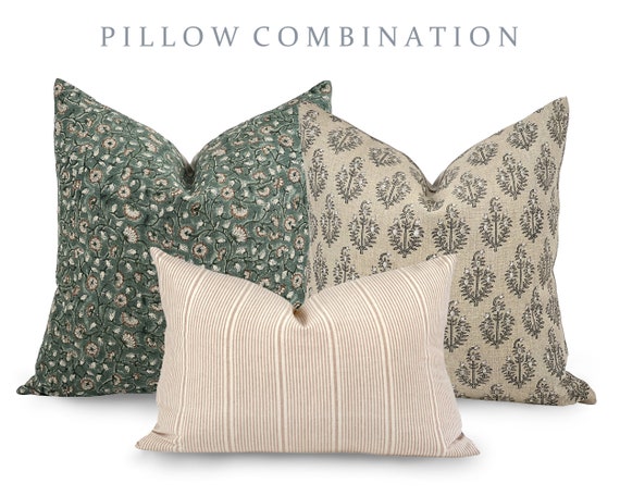 PILLOW COMBO Fall Pillow Combination, Green Floral Pillow, Sand